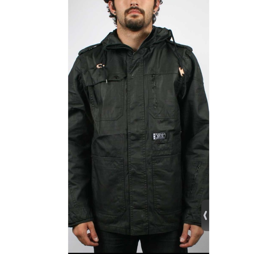 Hurley Jacket Men Large Black Waxed Canvas Covert Utility Waterproof Hooded